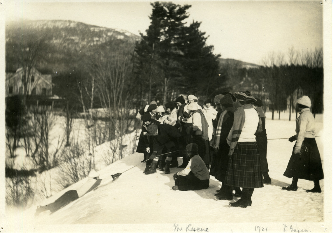 "The Rescue" (pulling a student up a snowy hill at Intervale)