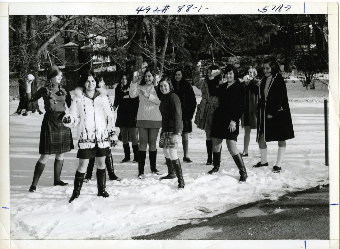 Students with snowballs including Joan Liversidge Denise Mallen ...