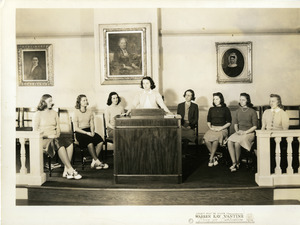 Abbot Academy Q.E.D. (debating society): Elizabeth Scanlan, President; Gisela Bolten, Shirley Hamilton, Joan Huibbard, Mary Howard, Betty Moser, Anne Rivinius, Joan Webster