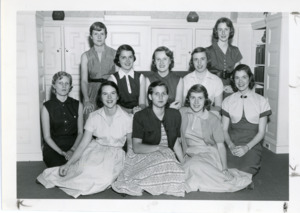 Abbot Academy Student Council: Sara Emmons, Anne Sanborn; secodn row: Betsy Griffths, Betsy Aldrich, Ann Lyons, Martha Artz, Harriet Brown; third row: Joan Baird, Mary Dozier Hawes, Lorna Ball