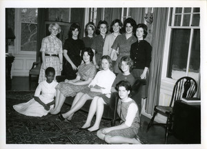 Abbot Academy student group including Debbie Downs, Class of 1965; Hope Parsons, Class of 1965; Mithoni, Class of 1963; Sarah Watson, Class of 1965; Patricia Morrill, Class of 1964