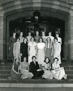 Abbot Academy new alumnae relatives: top row: Diane Cookman, Nancy Jayne, Maxine Seidel, Mary Woolverton, Emma Willman, Judy Bigelow, Gail Husted; middle row: Lloyd Camp, Lorna Ball, Ann Bovard, Margery Webb, Patsy Sanborn, Mary Weir; front row: Patricia Randall, Carol Burton, Nancy Farrar, Jane Thompson, Patricia Earhart