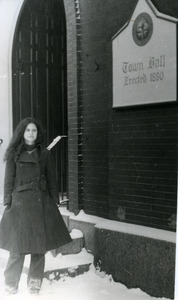 Abbot Academy student in front of Andover Town Hall