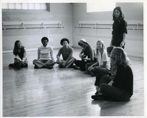 Students in dance studio including Heather McDonald, Jackie Carter, Gustavia Evans, Lisa Nelson, Holly Cleveland, Laurie Camosy