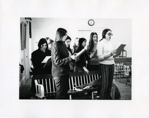 Abbot Academy Acapella rehearsal including Margaret Couch '72, Lynn Chesler '73, Aleta Reynolds '72, Joanna Mosca '72, Connee Petty '73, Christine Ho '73, Betsy Kent '73, Linda Calvin '72