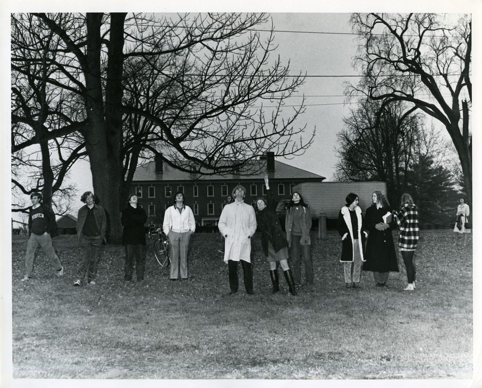 Abbot Academy students, eyes skyward, including Jean Bennett, Nancy Axelrod, Joanie Lichtman