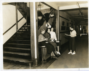 Abbot Academy students in Draper Hall before the stairway was enclosed