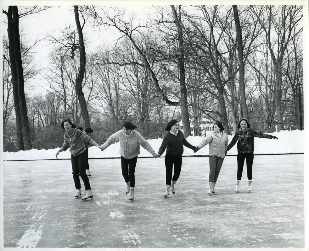 Class of 1965 students skating including Dorothy Gaines, Gail Goldstein, and Georgianne Yilatalo