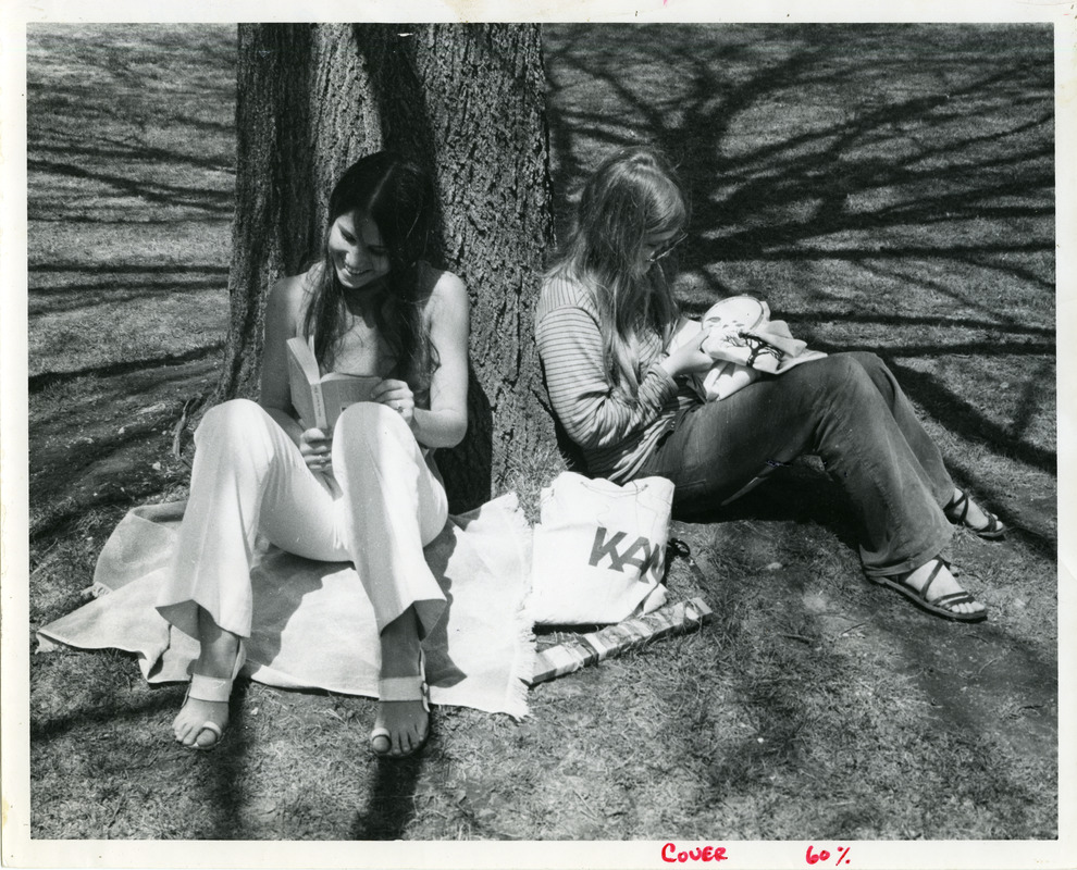 Sue McCouch (?) '71, Julia Gilbert '72 studying outside - Digital ...