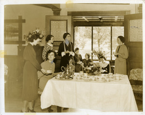 Tea at Abbot Academy: Constance Smith, Maejorie Bosel, Betty Inman, Miss Comegys, Carolyn Fisher, Elise Duncan, Edith Peden, Anne Russell