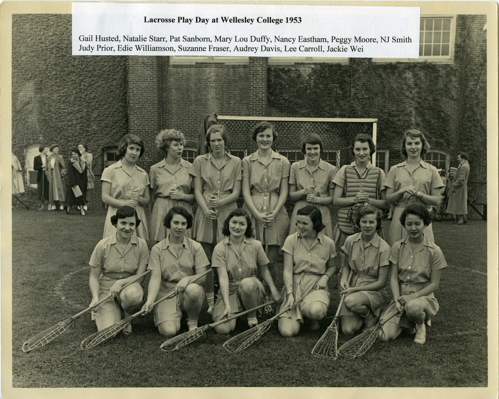 Abbot Academy Lacrosse Play Day at Wellesley College: Gail Husted, Natalie Starr, Pat Sanborn, Mary Lou Duffy, Nancy Eastham, Peggy Moore, NJ Smith, Judy Prior, Edie Williamson, Suzanne Fraser, Audrey Davis, Lee Carroll, Jackie Wei