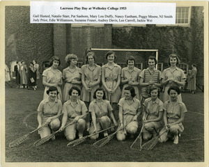 Abbot Academy Lacrosse Play Day at Wellesley College: Gail Husted, Natalie Starr, Pat Sanborn, Mary Lou Duffy, Nancy Eastham, Peggy Moore, NJ Smith, Judy Prior, Edie Williamson, Suzanne Fraser, Audrey Davis, Lee Carroll, Jackie Wei