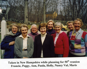 Abbot Academy Class of 1954 alumnae planning for 50th Reunion in New Hampshire: Francie Nolde, Peggy Moore Roll, Ann Hunt, Paula Prial Folkkman, Holly Dunn, Nancy Donnelly Bliss, Val Brodeur, Maris Oamar Noble