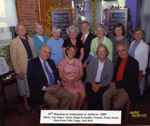 Abbot Academy Class of 1954 55th Reunion in Andover restaurant: Maris Oamar Noble, Val Brodeur, Nancy Donnelly Bliss, Sylvia Thayer, Hugh Fortmiller, Francie Nolde, Paula Prial Folkman, Sandy Liberty, Ham Kean, Edie Williamson, Peggy Moore Roll, Jack Roll
