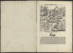 Leaves from Liber chronicarum, with views of de Sarmatia regione Europe, Cracovia, Lubeca and Nissa