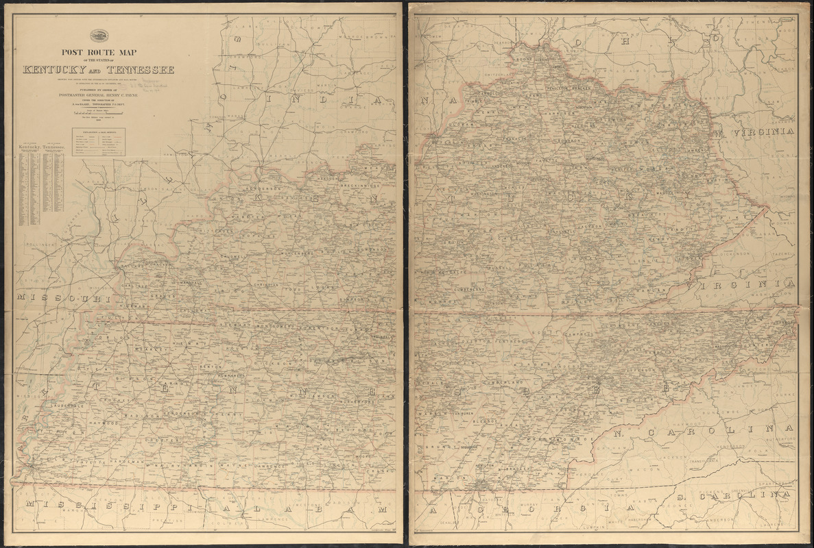 Post route map of the states of Kentucky and Tennessee showing post offices with the intermediate distances and mail routes in operation on the 1st of December, 1903