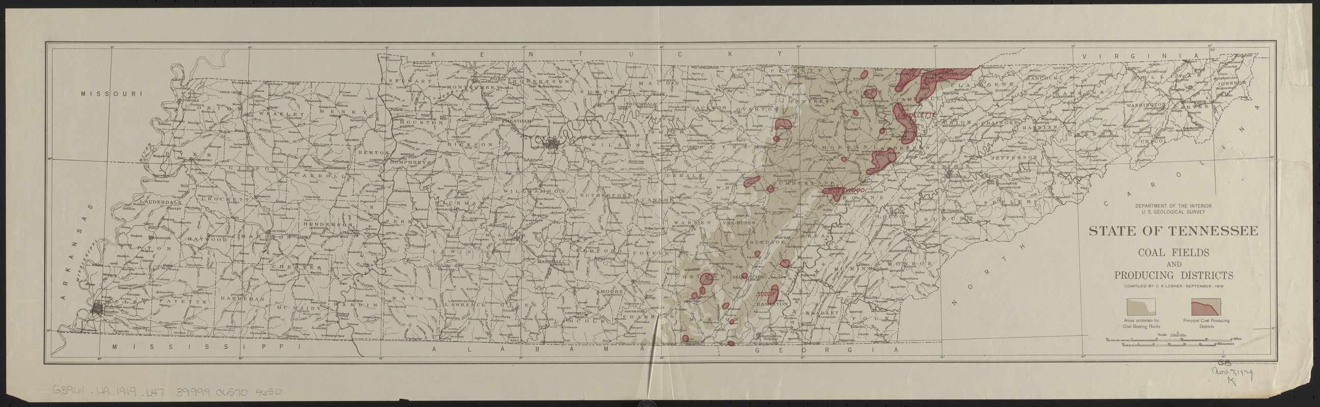 State of Tennessee coal fields and producing districts