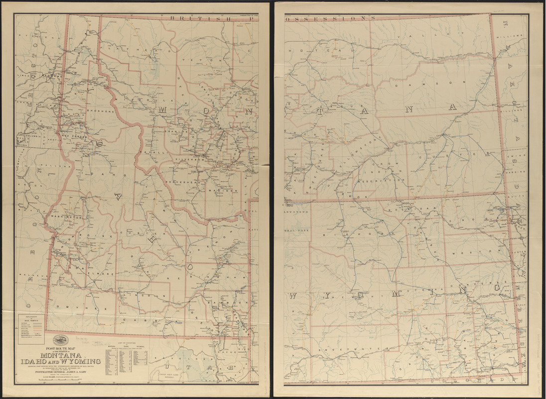 Post route map of the territories of Montana, Idaho, and Wyoming showing post offices with the intermediate distances on mail routes in operation on the 1st of September, 1897