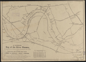 An illustrated map of the River Thames, as compiled from Ordnance Survey, showing the exact course of the Harvard and Oxford Boat Race