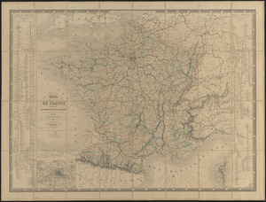Carte de France indiquant les chemins de fer et les routes, avec les distances en kilomètres