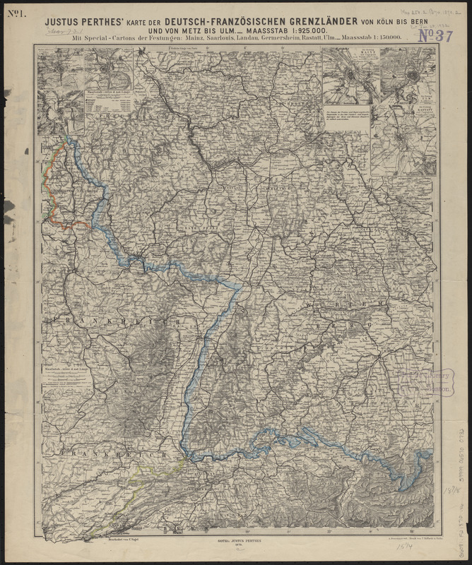 Justus Perthes' karte der Deutsch-Französischen grenzländer von Köln bis Bern und von Metz bis Ulm