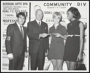 Generation Gap? - Not here, as young people representing the students at Boston's Grahm Junior College present a check to the Massachusetts Bay United Fund campaign. From left are James Pepe, UF campaign chairman Charles F. Adams, Joyce Canaiy and Loretta Lindsey. The gift was raised at a dance and auction sponsored for the students by the Grahm faculty.