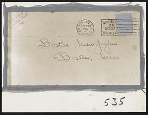 Letter Properly Delivered The Boston Herald-Traveler are THE Boston newspapers. Photo shows envelope which contained a letter from Brooklyn, N. Y. It arrived in Boston, addressed to "Boston Newspapers, Boston, Mass." Appropriately enough, it was delivered to The Boston Herald-Traveler.