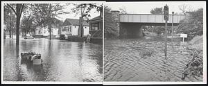 "Edna" Takes Its Toll-Quincy's Armory Rd. (left), resembles a street in Venice following the overflow of the Furnace Brook parkway, floading cellars and homes in that area. Photo at right shows the rippling waters of the parkway between Hancock St. and Newport Ave. following Hurricane Edna's torrential rains.