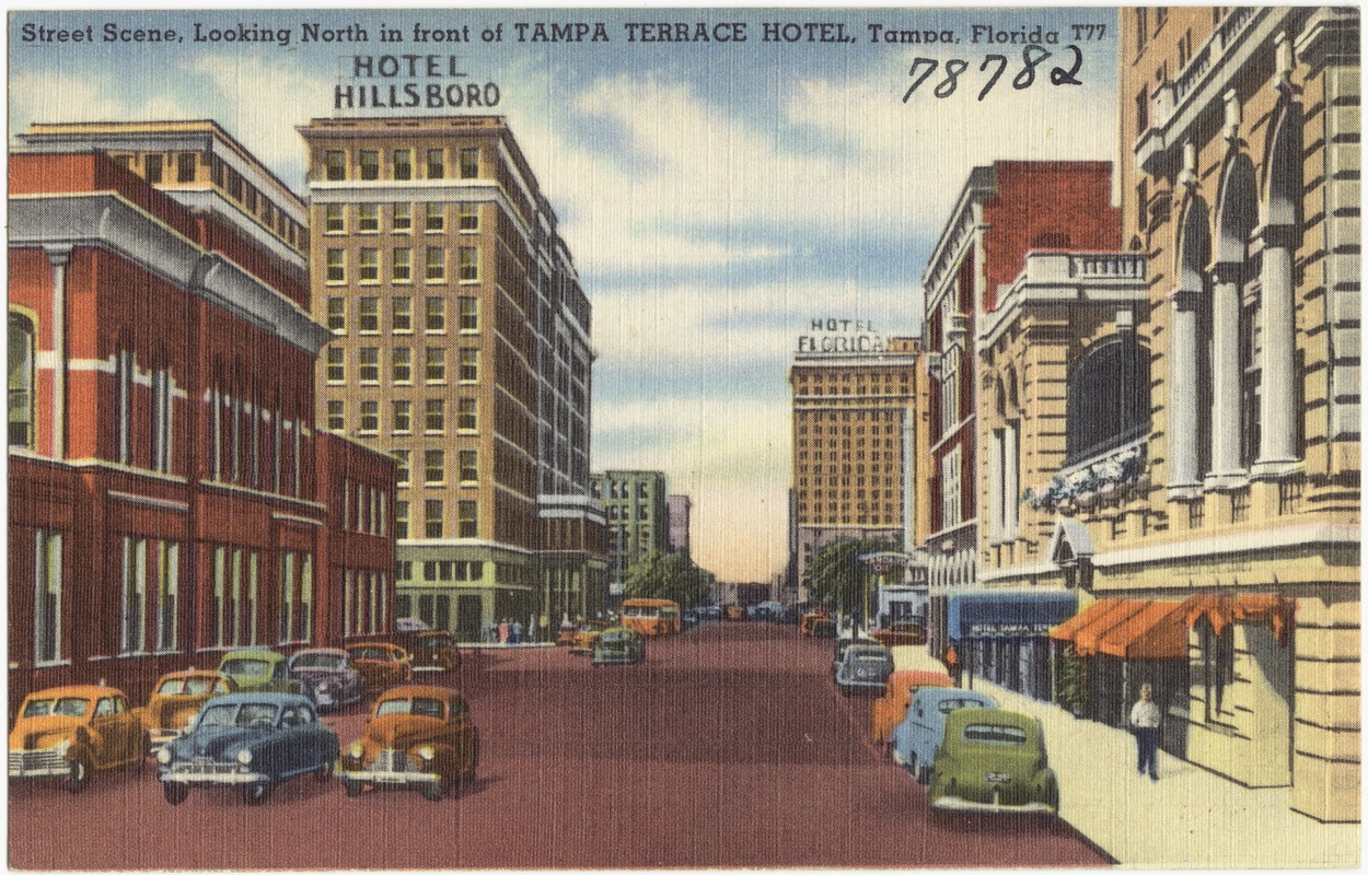 Street scene, looking north in front of Tampa Terrace Hotel, Tampa, Florida