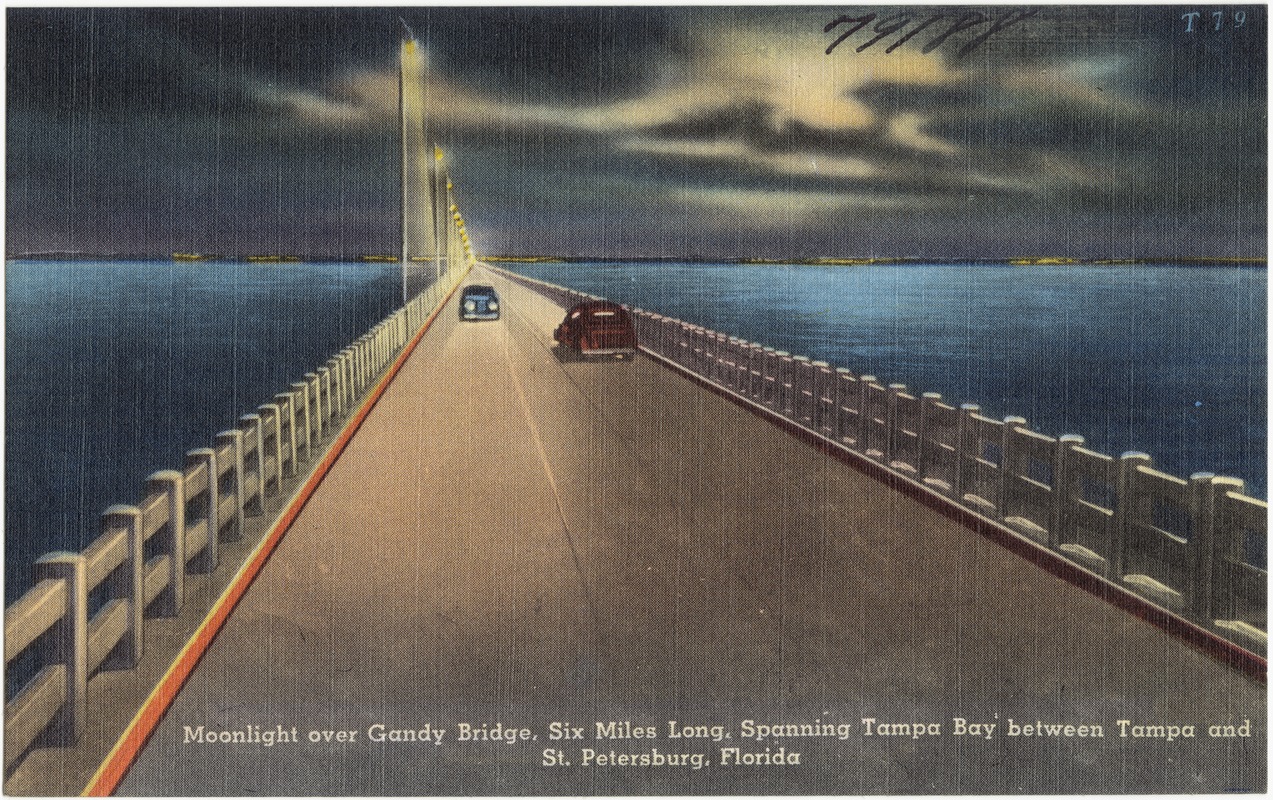 Moonlight over Gandy Bridge, six miles long, spanning Tampa Bay between Tampa and St. Petersburg, Florida