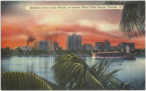 Skyline across Lake Worth, at sunset, West Palm Beach, Florida