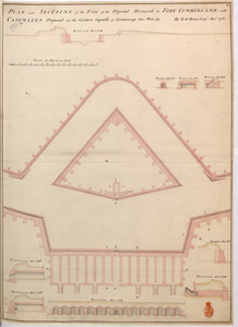PLAN and SECTIONS of the Front of the Projected Hornwork at FORT CUMBERLAND with CASEMATES Proposed in the Curtain Capable of Containing 800 Men &c