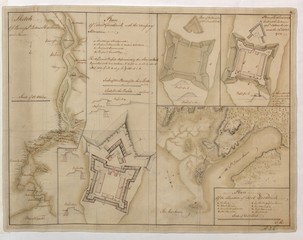 Sketch Of Part of S.t John's Harbour and River= Plan of Fort Frederick with the Necessary Alterations= Plan of the Ramainder of the French Fort= Plan of Fort Frederick built at the Entrance of S.t John's River since the 24.th Septemr 1758.= Plan Of the Situation of Fort Frederick