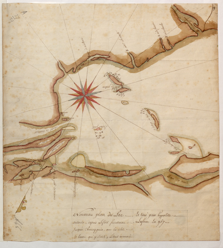 Nouveau plan du Lac ontario depuis Le fort frontenac jusquà Chouayguin, avec les isles Et Bancs qui y Sont