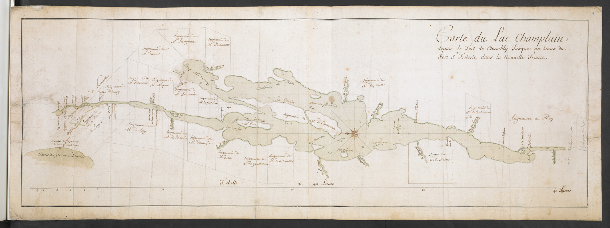 Carte du Lac Champlain depuis le Fort de Chambly Jusques au desus du Fort S.t Frederic, dans la Nouvelle France