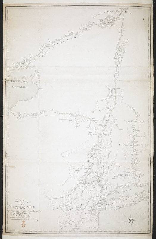 A MAP of the PROVINCE of NEW YORK & Part of NEW ENGLAND & NEW JERSEY with Part of NEW FRANCE the whole Compsed from Actual Surveys by a Scale 8 miles to a Inch