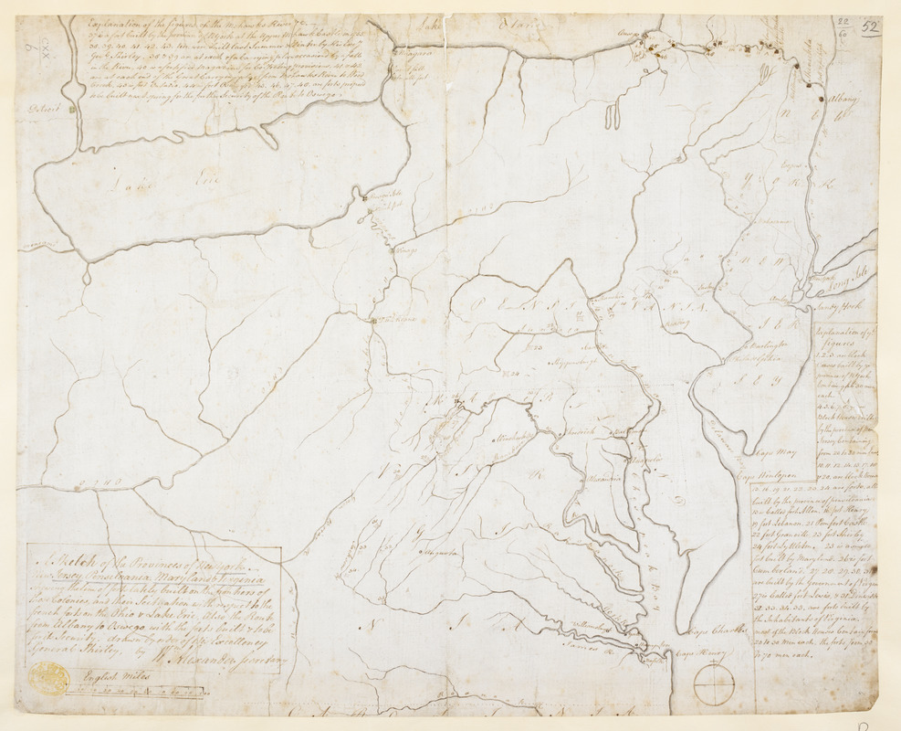 A Sketch of the Provinces of New York, New Jersey, Pensilvania, Maryland & Virginia shewing the line of forts lately built on the frontiers of those Colonies, and their Scituation with respect to the french forts on the Ohio & Lake Erie, Also the Route from Albany to Oswego with the forts built & to be for its Security