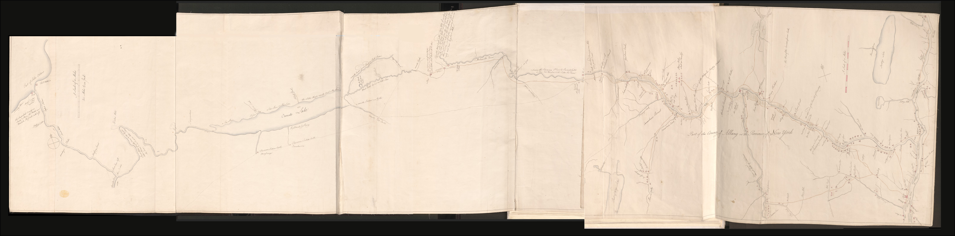 [A colored map of the route between Albany and Oswego; drawn about 1756, on a scale of 2 miles to an inch]