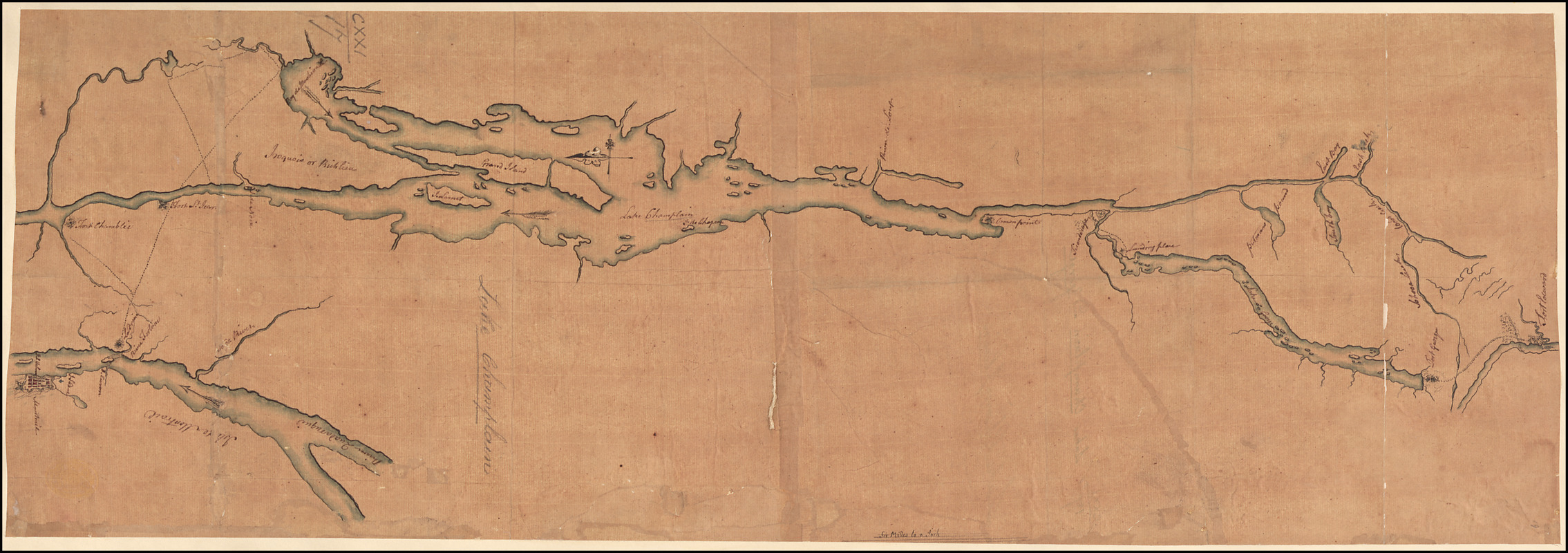 [A map of Lake Champlain and Lake George, showing the route from Fort Edward to Montreal]