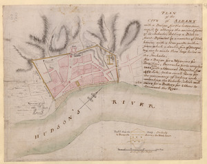 PLAN of the CITY of ALBANY with a Design for the better securing it, by altering the ancient form of its Stockade; Adding a Ditch in fron Defended by a number of block houses, with a Banquette within from which a double fire of Musquetry can be made thro' loop holes in the Stockade. Also a Design for a Magasine for provisions, Barracks for to compleat 1000 men with a General Hospital for 400 Sick, and a small Quay for the conveniency of loading and unloading the Vessells, which will also serve for a Battery for 2 Guns to Command the River