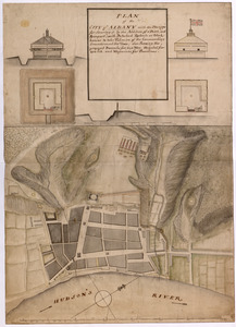 PLAN of the CITY of ALBANY with the Designs for Securing it by the Addition of a Ditch, and Rampart; with Detached Redouts or Block houses to take Possesion of the Commanding Grounds round the Town, also Shewing the proposed Barracks for 640 Men, Hospital for 400 Sick, and Magasines for Provisions