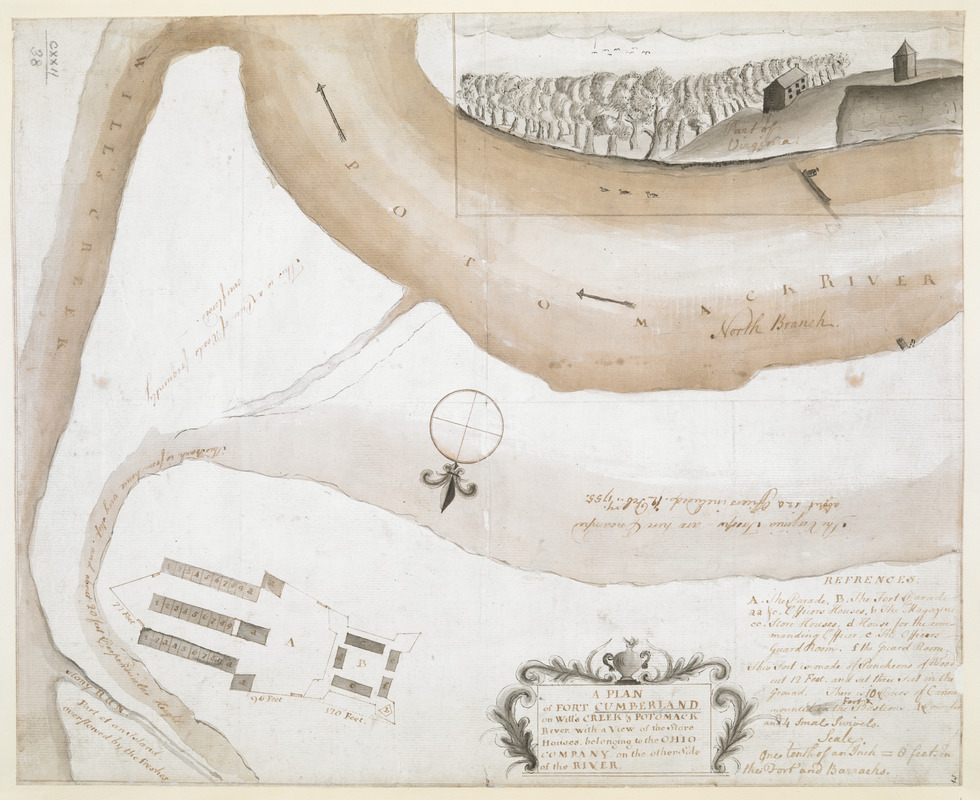 A PLAN of FORT CUMBERLAND on Will's CREEK & POTOMACK River with a View of the Store Houses belonging to the OHIO COMPANY on the Other Side of the River