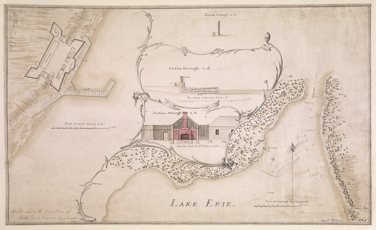 [A coloured chart of the upper part of Lake Erie at Fort Erie and a detailed plan of Fort Erie, together with three cross sectional drawings]