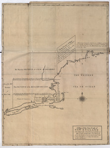 A Map of the Sea Coasts of NEW ENGLAND According to the actual Survey made thereof BY CAP.T CYPRIAN SOUTHACK As also the Outlines of Several of the Provinces of and Colonys lying thereon, according to the respective Grants and Charters