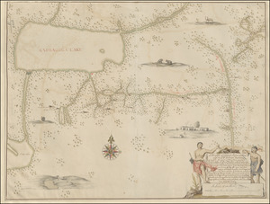 A Mappe of Colonel Römers Voyage to ye: 5 Indian nations going from New Yorck to Albany thence west to ye 3 Macquas Castle and from ye: last Castle called Daganhoge W:S:W towards Onyades a Second nation, and thence to ye Onondages the third nation, & there I was Stoped & could not proced any forther for some important reassons & obliged to go from Onondages to ye Lake of Cananda down Cananda River till we met Onnondages River & Osweges Riv: from whence we were to returne towards Onnondages having no provision & thence to Ononyedes & from thence to ye carring place wood kill & Bever kill & so to Oneyades agin & thence to Albany as it is set forth with read pricked lines
