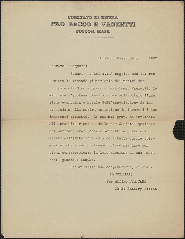 Aldino Felicani (Comitato di Difesa pro Sacco e Vanzetti) typed letter, in Italian, to Signore, Boston, Mass., July 1920