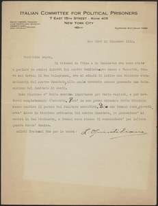 Luigi Quintiliano (Italian Committee for Political Prisoners) typed letter signed, in Italian, to Frank Lopez, New York, N.Y., December 15 , 1920
