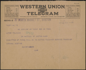 Luigi Quintiliano [Italian Committee for Political Prisoners] telegram to Frank Lopez and Aldino Felicani, New York, N.Y., December 22, 1920