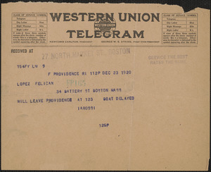 A[ugusto?] Rossi telegram to Frank R. Lopez and Aldino Felicani, Providence, RI, December 23, 1920