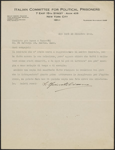 Luigi Quintiliano (Italian Committee for Political Prisoners) typed letter signed, in Italian, to Sacco-Vanzetti Defense Commitee, New York, N.Y., December 28, 1920